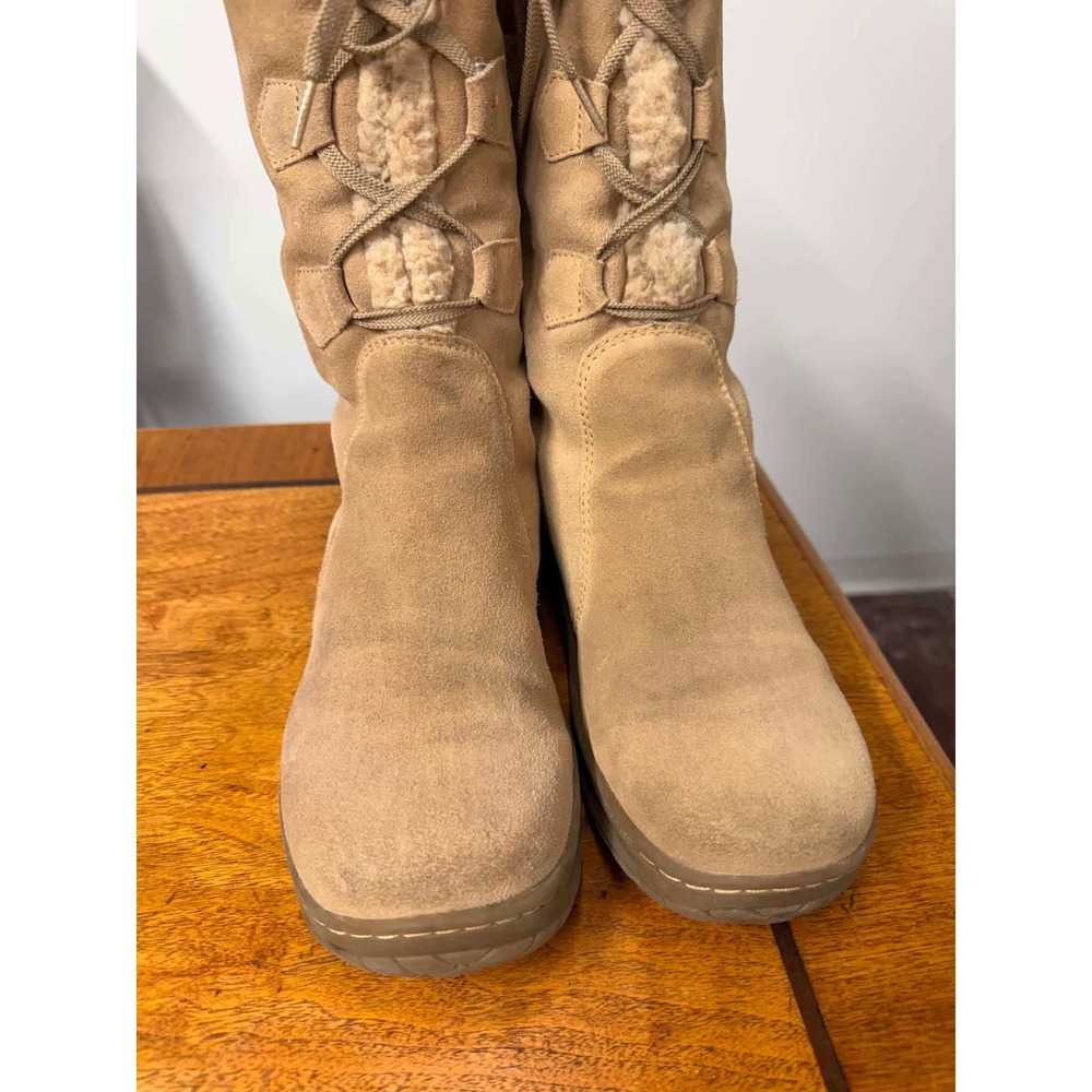 Vtg y2k Women's 8 Duxbery Tan Suede Leather Faux Fur Winter Boots Mid Calf Snow - Picture 3 of 8